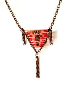 Vintage Halskette Geometrie Tribal Boho Bronze Rot Rosa Gold Perlen Dreieck MCM - Bild 1 von 3