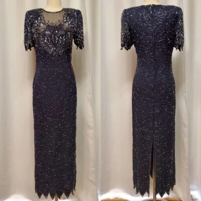 Vintage 80s Scala Beaded Sequins Blue Silk / Polyester Maxi Dress Gown Medium - Image 1 of 4