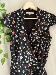 REVIEW Floral Collared 'Florida' Wrap Dress Black Multicolour Retro Size 6 - Picture 1 of 5