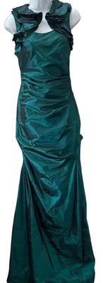Teri Jon by Rickie Freeman 100% Silk Maxi Dress Teal 2 Ruched Sleeveless Dressy - Image 1 of 4