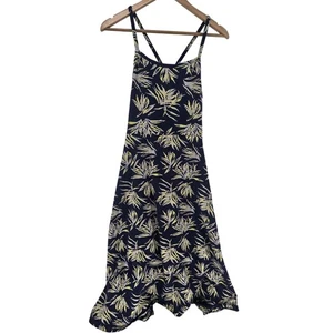Pact Fit and Flare Large Strappy Midi Dress Pockets Organic Cotton Navy Palms - Picture 1 of 3