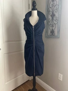 Joseph Ribkoff Fitted Bodycon Pencil Dress Zip Front Ruched Wired Collar Blue 6 - Picture 1 of 8