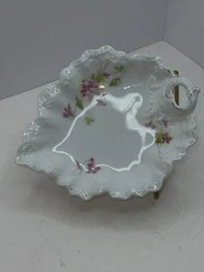 Vintage Wiemar Porcelain Germany Leaf Candy Trinket Dish Green Gold Pink Floral - Picture 1 of 4