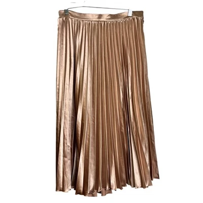 Allegra K Satin Accordian Pleated Midi Skirt Champagne Gold Elastic Waist L - Image 1 of 4