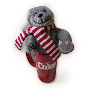 Gray Plush Beanie Animal Seal w/ Scarf & Small Coca Cola Coke Bottle 1997 + Cup - Picture 1 of 22