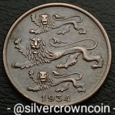 Estonia 2 Senti 1934. KM#15. Bronze Two Cents coin. 3 Leopards. 1 year issue. H - Image 1 of 4