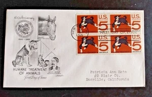 SPCA HUMANE TREATMENT OF ANIMALS 1966 DOG CAT HORSE ARTMASTER CACHET FDC BLOCK - Picture 1 of 1