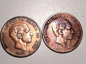 DUE MONETE SPAGNOLE 1877 Spagna Diez 10 Centimos - Foto 1 di 2