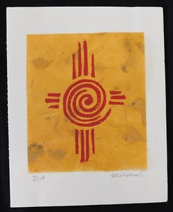 Mieshiel Original Block Print "Zia" 6x7 - Mounted on 8x10 Foamboard - Picture 1 of 2
