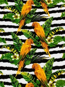 1 1/4 Yd Tropical Parrot Floral Rayon Challis Fabric Black Stripe Hawaiian - Picture 1 of 2