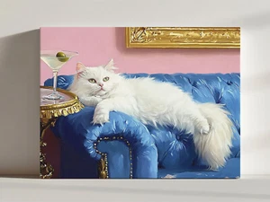 Long Haired White Cat With Martini Canvas Print, Cute Quirky Whimsical Fine Art - Picture 1 of 7