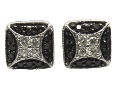 Aretes cuadrados con racimo de diamantes blancos y negros en oro blanco macizo de 14 k Foto 1 de 4