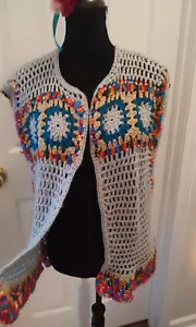 Hand crocheted granny square open vest gray blue lurex sleeveless ruffle S M #4 - Picture 1 of 6