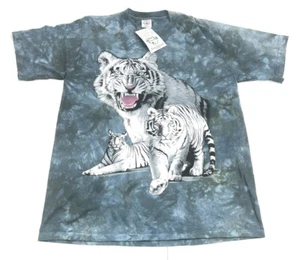 Vintage NOS White Tiger Back To Earth Nature Wear T-Shirt Blue Tie Dye Large NEU - Bild 1 von 5