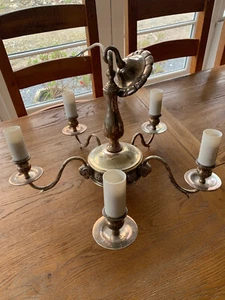 Edwardian Antique Silver Plated Rams Head Chandelier & two Twin wall Sconces - Picture 1 of 9