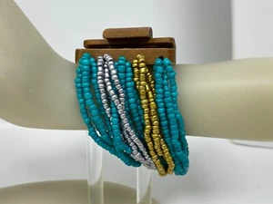 Beautiful Multi-Strand Teal Gold Silver Seed Bead 7.5" Bracelet w/ Wooden Clasp - Picture 1 of 8