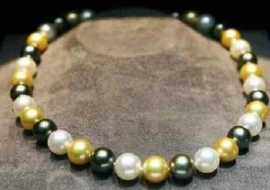 Fantastic17"9-10mm south sea white black golden multicolor round pearl necklace - Picture 1 of 1