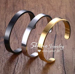 SOLID STAINLESS STEEL PLAIN POLISHED ENGRAVABLE GOLD MENS BRACELET CUFF BANGLE - Picture 1 of 4