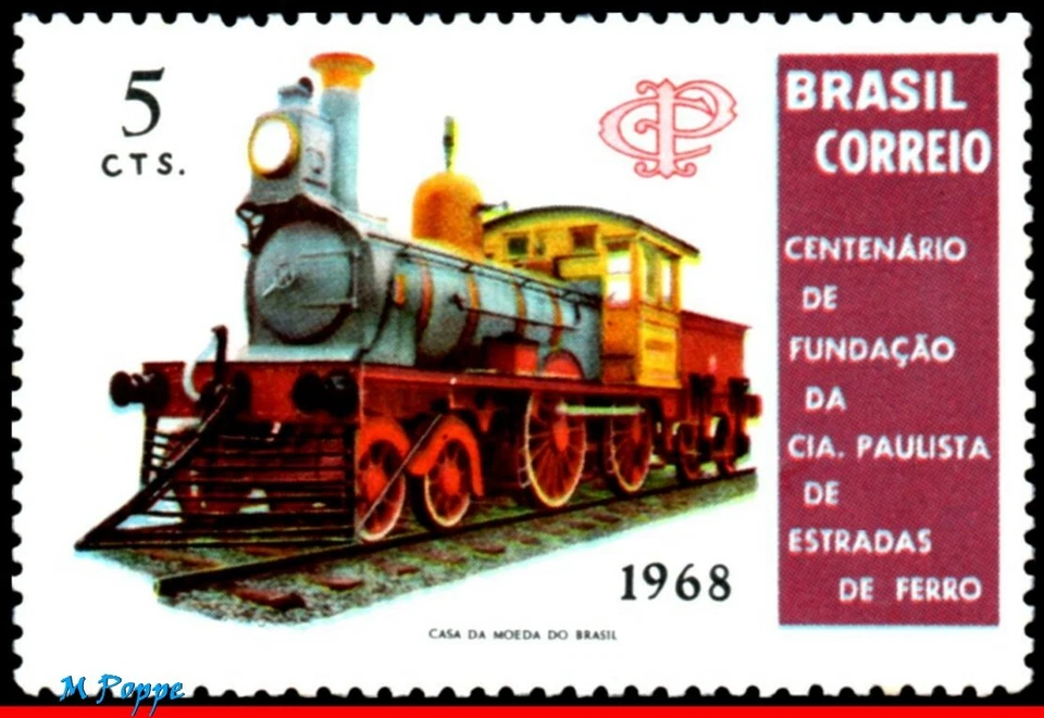 1109 BRASIL 1968 CENTAVO DEL FERROCARRIL SAO PAULO, LOCOMOTORA ANTIGUA, TREN, MNH Foto 1 de 2