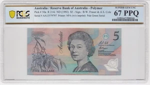 Australia 1992 Pale Green Fraser Cole $5 Banknote PCGS GEM UNC 67 PPQ #5426 - Picture 1 of 2