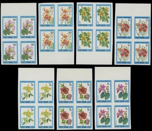1984, VIETNAM, WILDFLOWERS, IMPERF SET IN MARGIN BLOCKS OF 4, NH, SC. #1370-76 - Picture 1 of 1