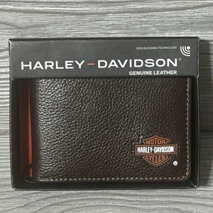 HARLEY-DAVIDSON Wallet Bi-Fold Pebble Leather Front Pocket Bar Shield Logo Brown - Picture 1 of 9