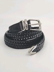Perry Ellis Portfolio Schwarz Leder Flechtgürtel Herren 42 Messingschnalle Gewebtes Logo - Bild 1 von 12