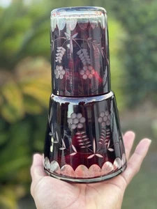 Vintage Bohemian Czech Bedside Water Carafe Set with Glass Ruby Cut to Clear - Picture 1 of 7