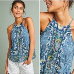 Anthropologie Akemi + Kin Embroidered Floral Halter Top Blue Women Size 16 Boho - Picture 1 of 6