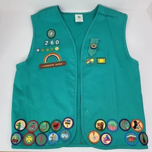 Vintage Girl Scout Green Vest 1990's w/ Patches Pins & Badges Youth Size XL USA - Picture 1 of 24