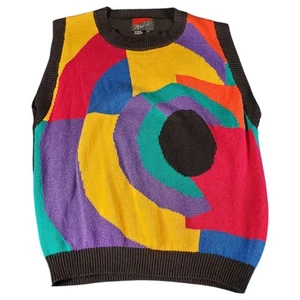VTG 80s Sweater Vest Women Small Black Colorful Geo Sleeveless New Wave Pullover - Picture 1 of 3