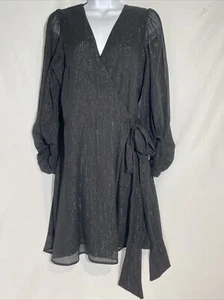 Banana Republic Blouson Black Glittery Wrap Dress Puffy Ballon Sleevess Sparkly - Picture 1 of 12