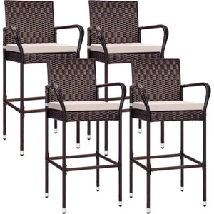 Outdoor Wicker Barstool Patio Rattan Furniture Chair Bar Stool & Armrest Cushion - Picture 1 of 11