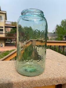 MASON'S patent 1858 Quart light GREEN light AMBER swirls fruit jar GROUND TOP