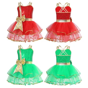 Kids' Christmas Dance Dress Girls Sequins Figure Ice Skating Leotard Tutu Dress - Picture 1 of 28