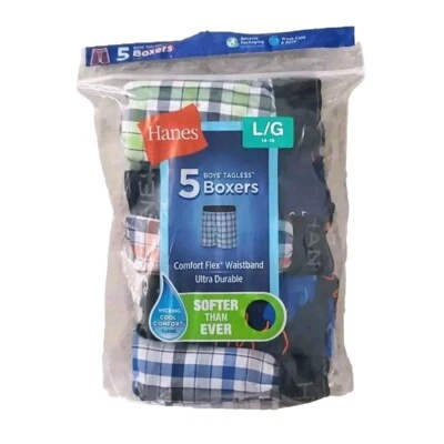 Paquete de 5 calzoncillos boxer Hanes para niños grandes 14-16 cómodos flexibles cintura a cuadros sin etiquetas Foto 1 de 4