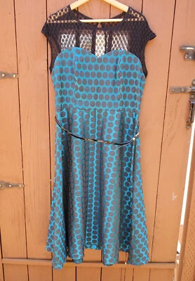 Maxi Vestido Bettie Page Mujer 16 Azul Negro Lunares Elastizado Manga Gorra Línea A Foto 1 de 4