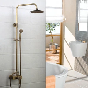 8“Bathroom Antique Brass Wall Mount Round Rainfall Top Spray Shower Mixer Faucet - Picture 1 of 11