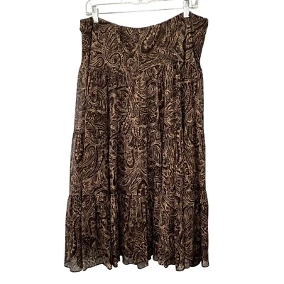 Ralph Lauren LRL Silk Maxi Skirt XL Brown Paisley Tiered Elastic Waist Lined - Image 1 of 4