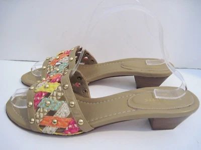 Eric Javits Woven Multicolored Straw & Tan Leather Slip-On Sandals Size 9 1/2 N - Image 1 of 4