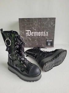 Demonia Slacker-220 Shiny Black Vegan Leather O-Ring Platform Boots 9 SEE VIDEO - Picture 1 of 24