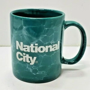 National City Bank Coffee Mug Cup Teal Simulated Marble White Vintage Logo - Picture 1 of 7