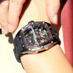 MEGIR Mens Watch Luxury Skeleton Dial Silicone Strap Automatic Watch For Men - Picture 1 of 6