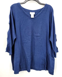 Soft Surroundings Top Womens PXL Blue Slit Sleeve V Neck Boho Beachy Pullover - Picture 1 of 9