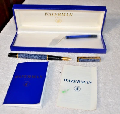 Vtg Waterman Laureat Blue Marble & Gold Fountain Pen in Box - Medium Nib - Image 1 of 4