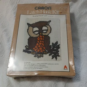 VTG 70s Caron Latch And Hook Kit Sleeping Owl 20x27 Rug Sealed Box - Picture 1 of 4