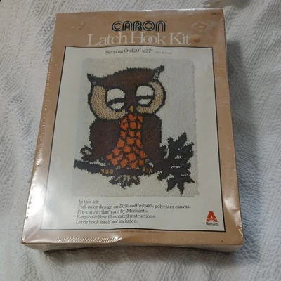 VTG 70s Caron Latch And Hook Kit Sleeping Owl 20x27 Rug Sealed Box - Image 1 of 4