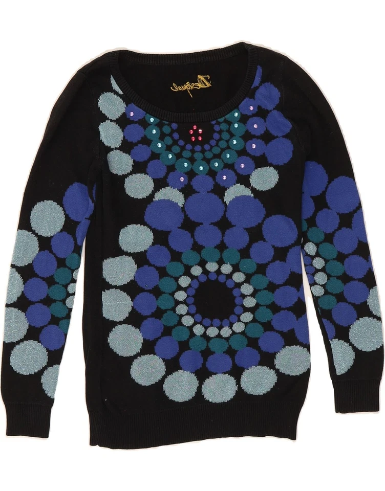 DESIGUAL Womens Boat Neck Jumper Sweater UK 10 Small Black Floral CA04 - Image 1 of 3