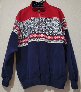 Tommy Hilfiger Sweater Mens Large Red Navy Quarter Zip Fleece Fair Isle Nordic - Picture 1 of 7