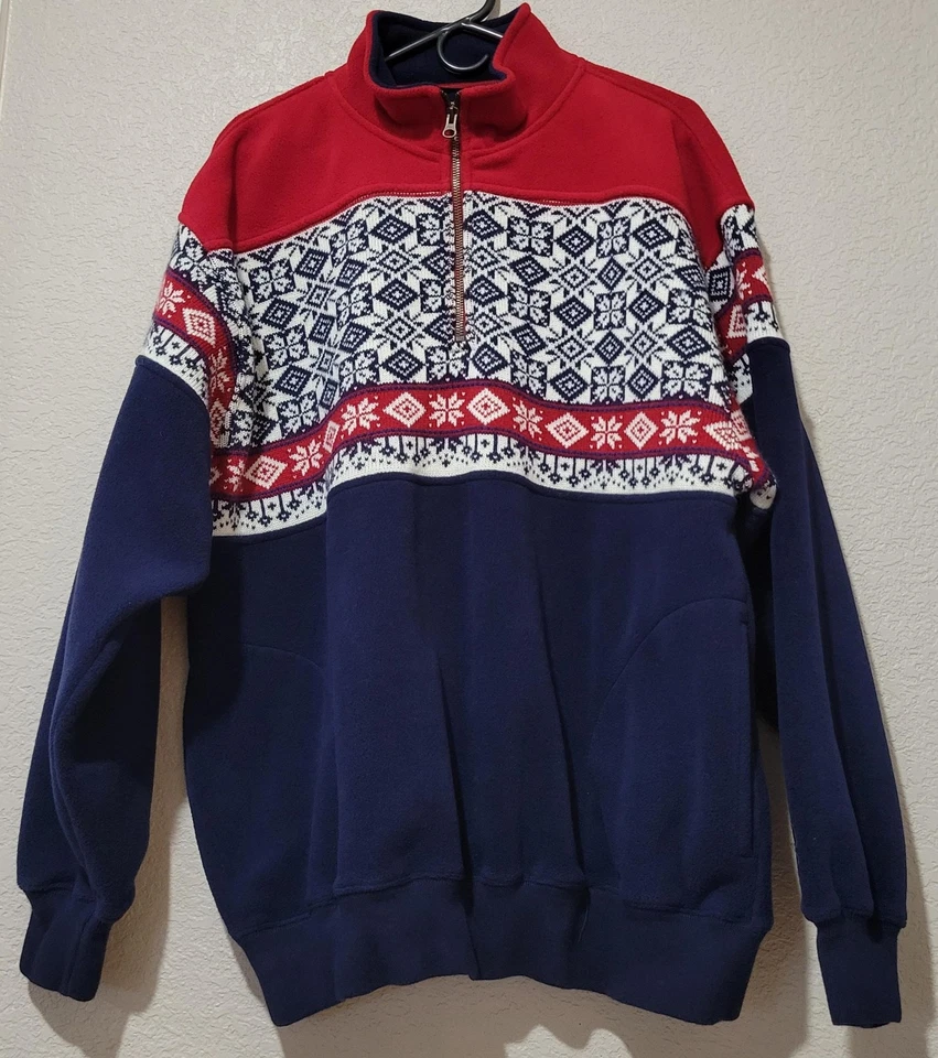 Tommy Hilfiger Sweater Mens Large Red Navy Quarter Zip Fleece Fair Isle Nordic - Image 1 of 4